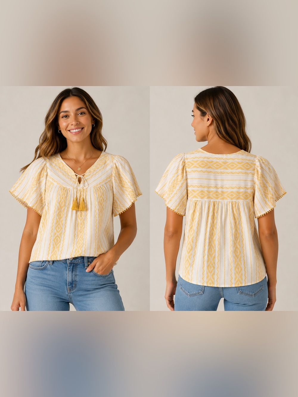 Ariat Women’s Large Yellow White Boho Flutter Sleeve Tassel Top #1048